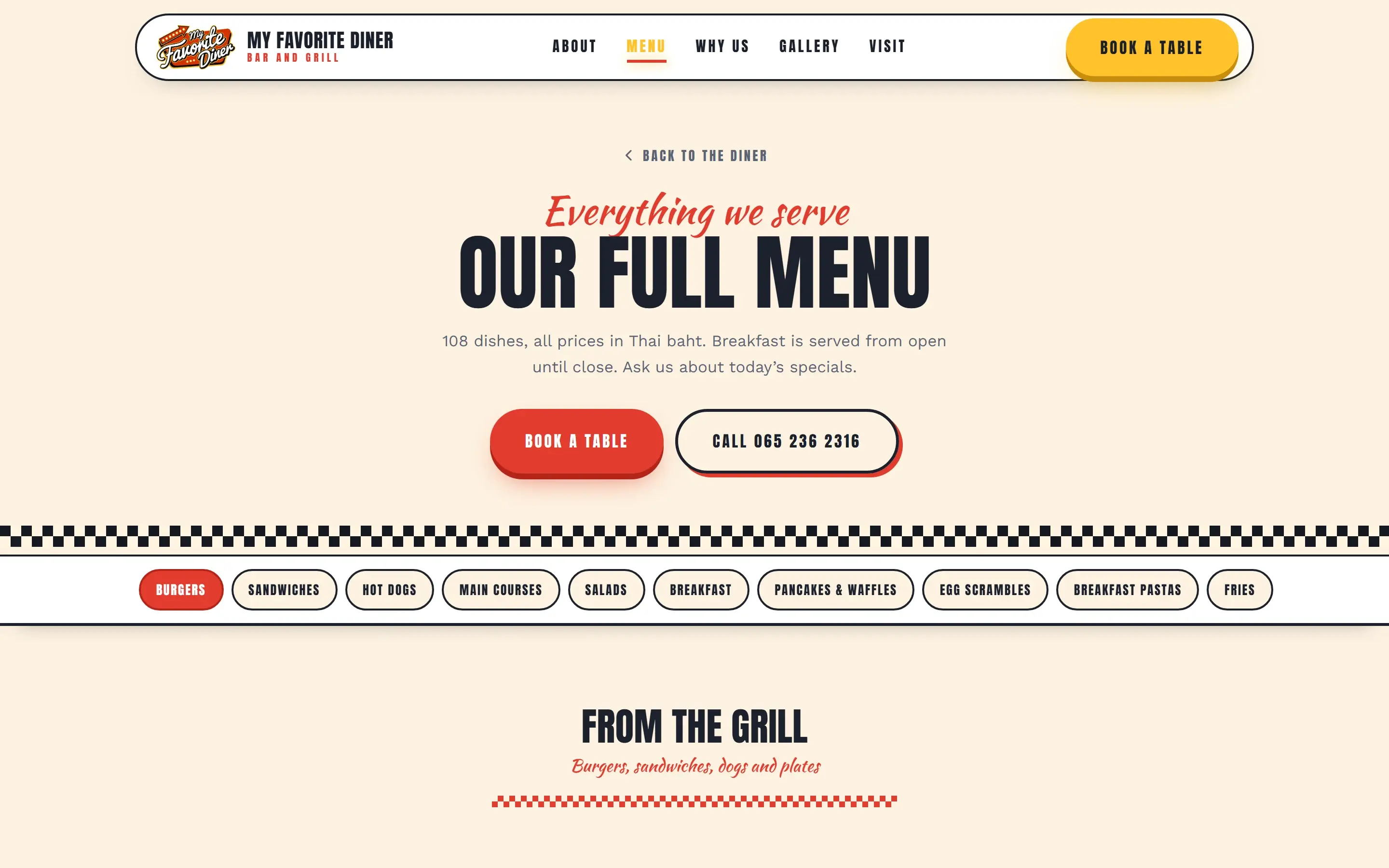Desktop full menu page listing dishes by course