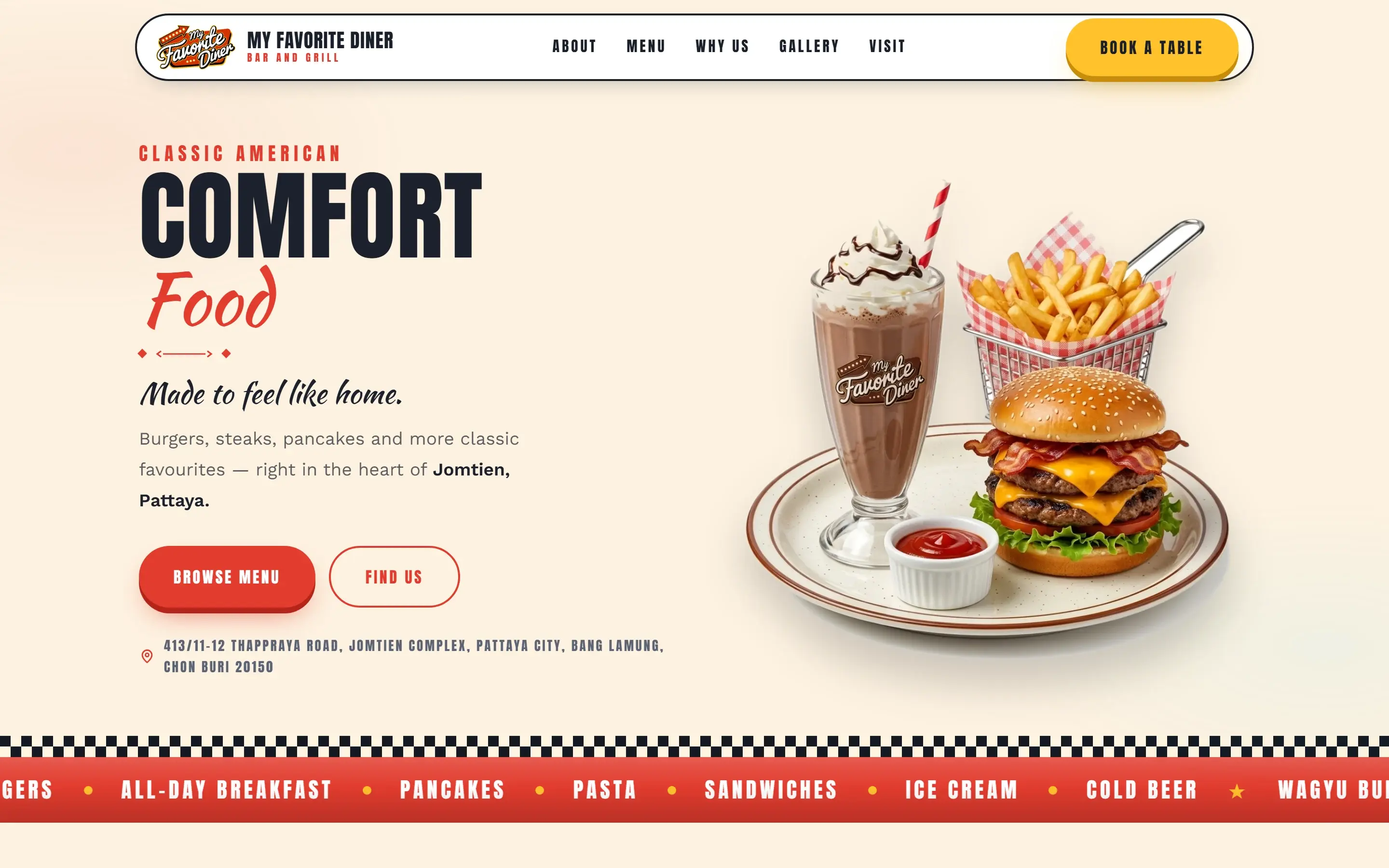 Desktop homepage with the diner's hero plate and booking call to action