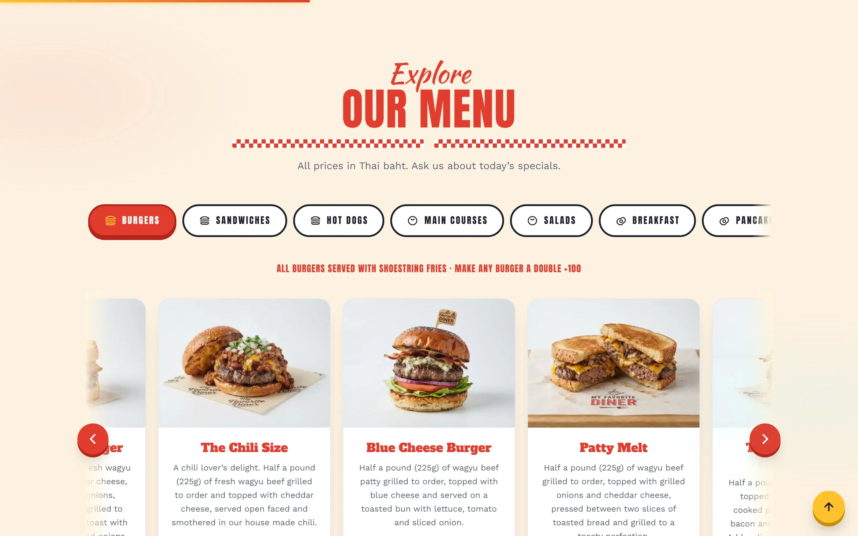 Desktop menu section showing burger cards with photographs and descriptions