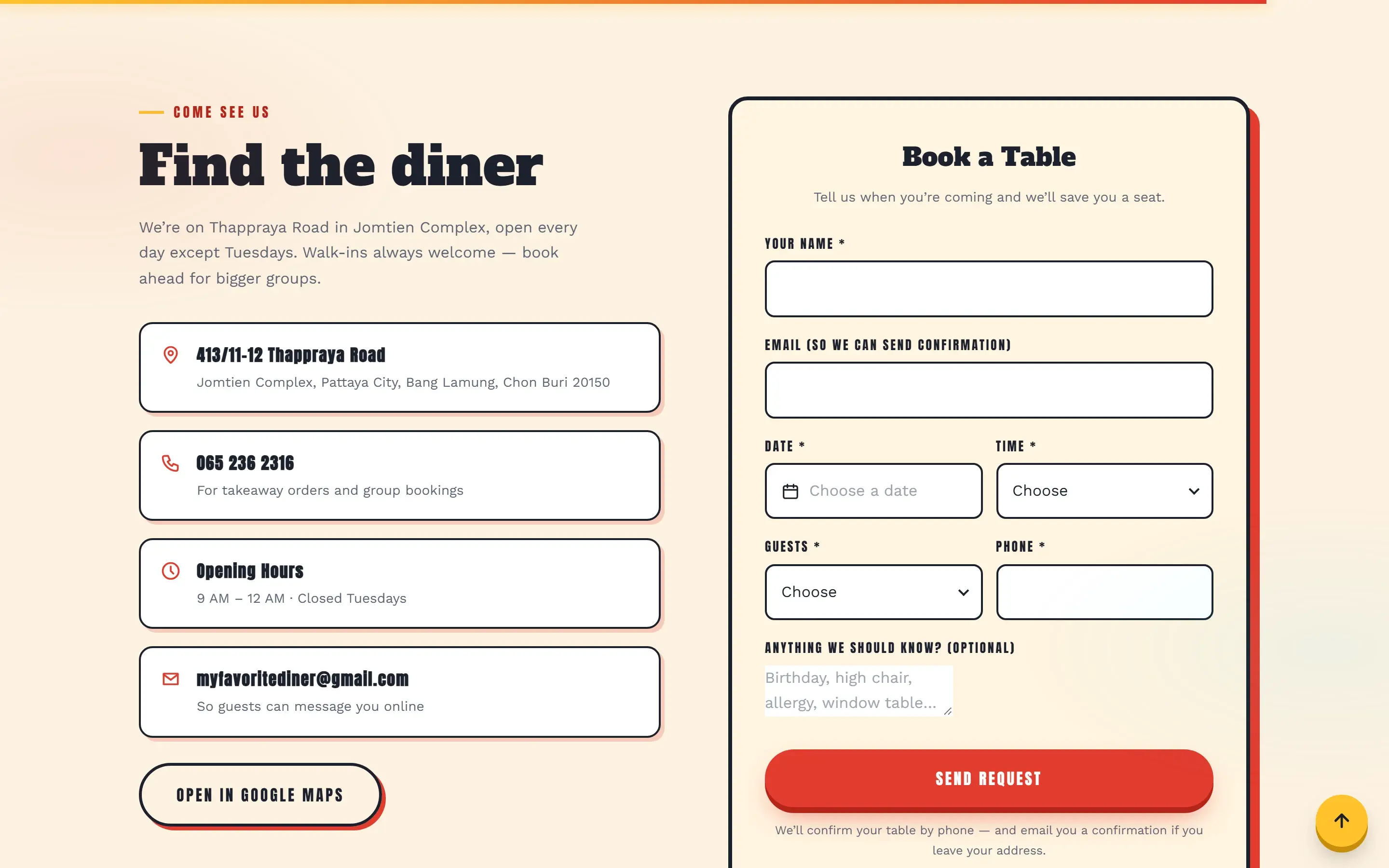 Desktop booking section with address, opening hours and the Book a Table form